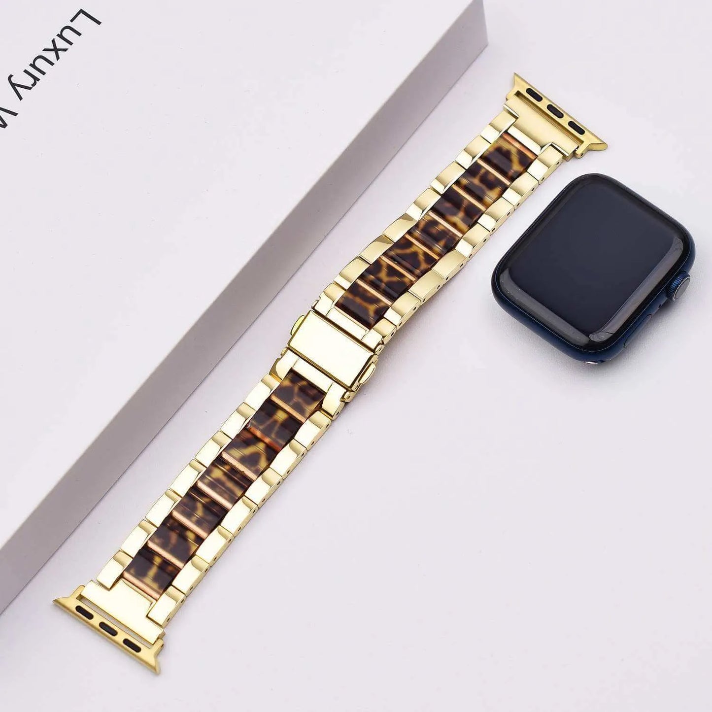 Colorful Resin Apple Watch Band - Gold with Leopard Print Accents