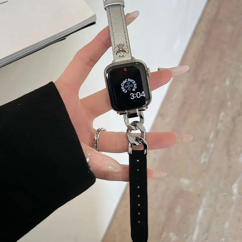Stylish Silver Leather Apple Watch Band silver and black