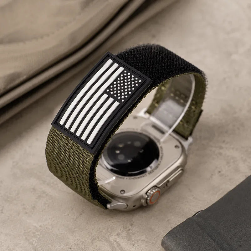 American Flag Nylon Apple Watch Band green view