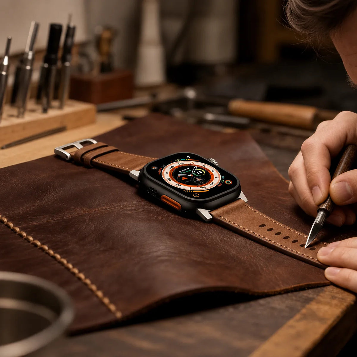 Vue rapprochée du cuir, des coutures ton sur ton et des bords finis d’un bracelet Apple Watch classique
