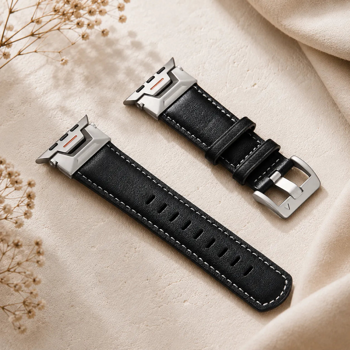 Bracelet Apple Watch noir en cuir avec adaptateurs sculptés en acier style Ultra