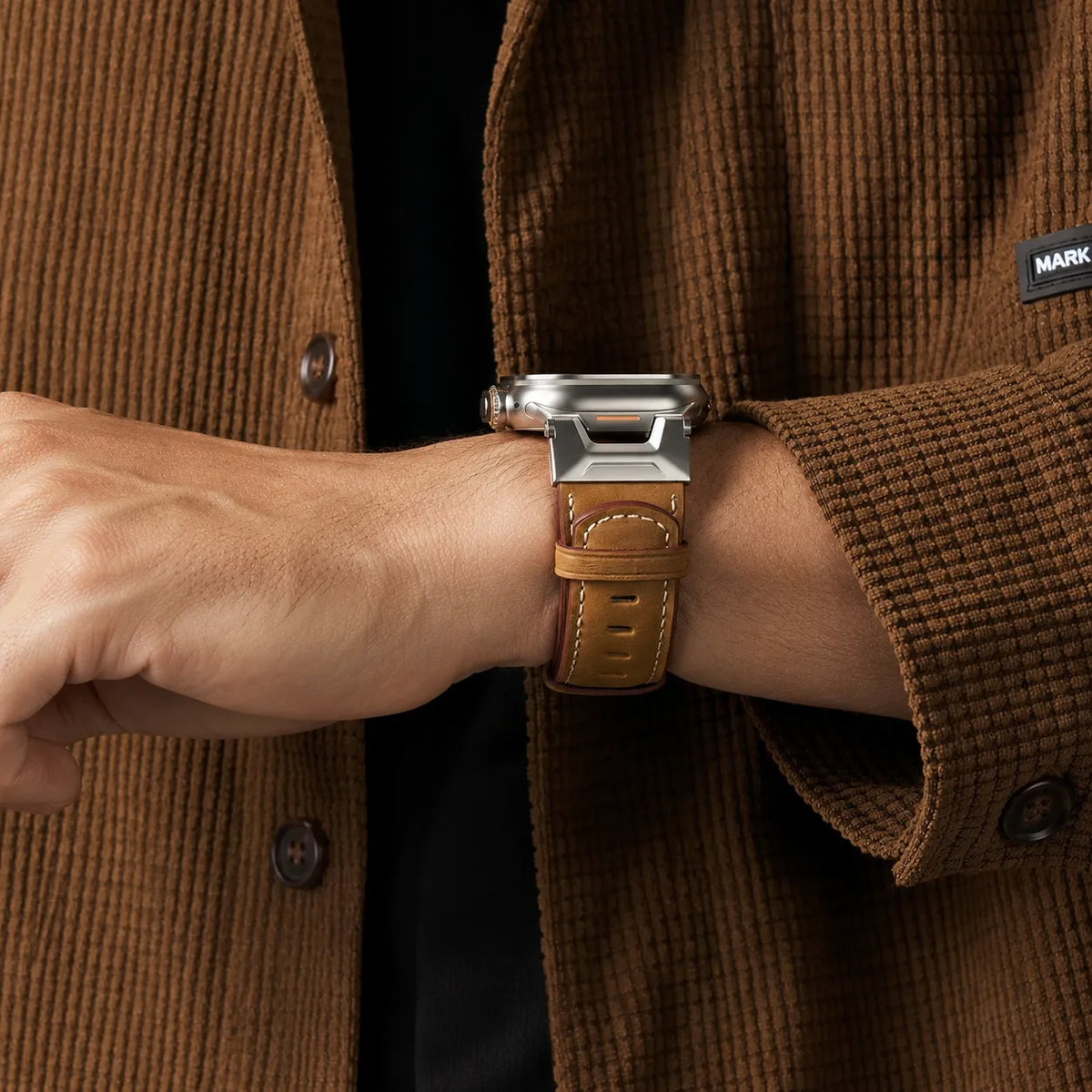 Bracelet Apple Watch marron en cuir style mécanique avec adaptateur en acier et boucle ardillon