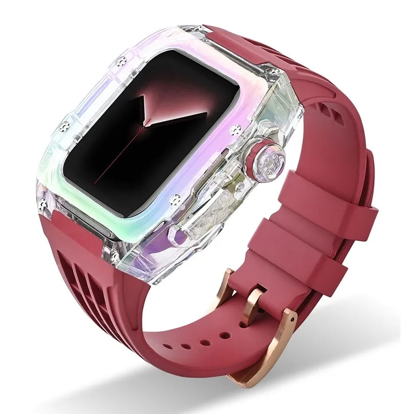 Kit Aquora bordeaux per Apple Watch con cassa trasparente iridescente e fibbia oro rosa
