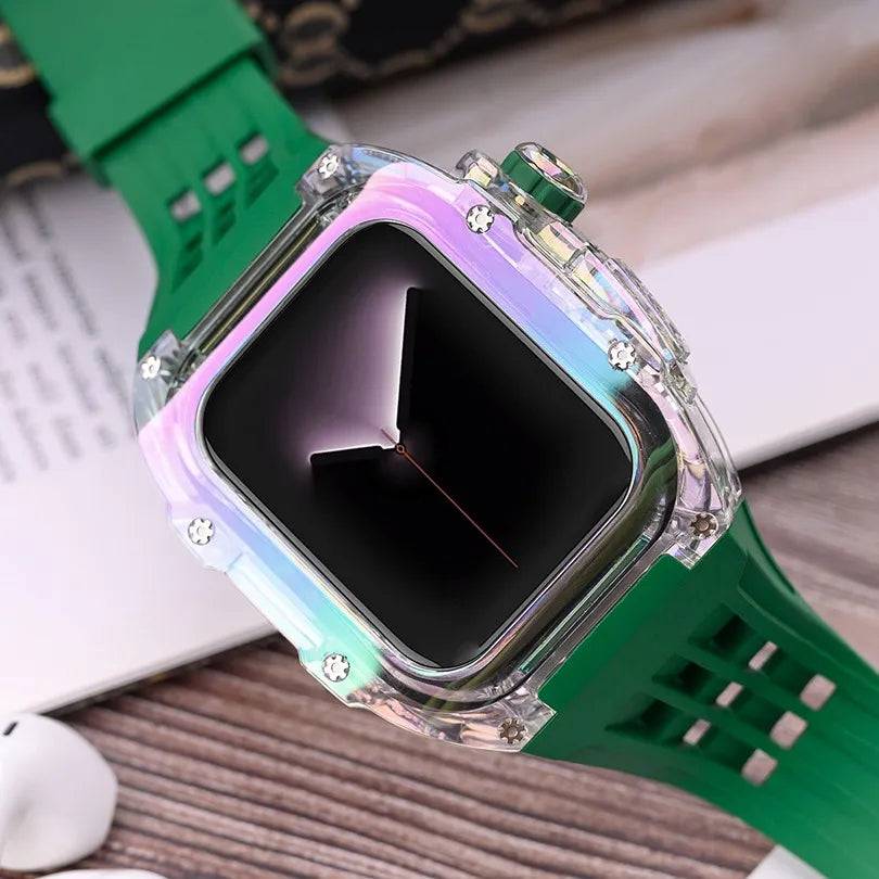 Dettaglio della cassa Aquora trasparente iridescente con cinturino FKM verde ventilato