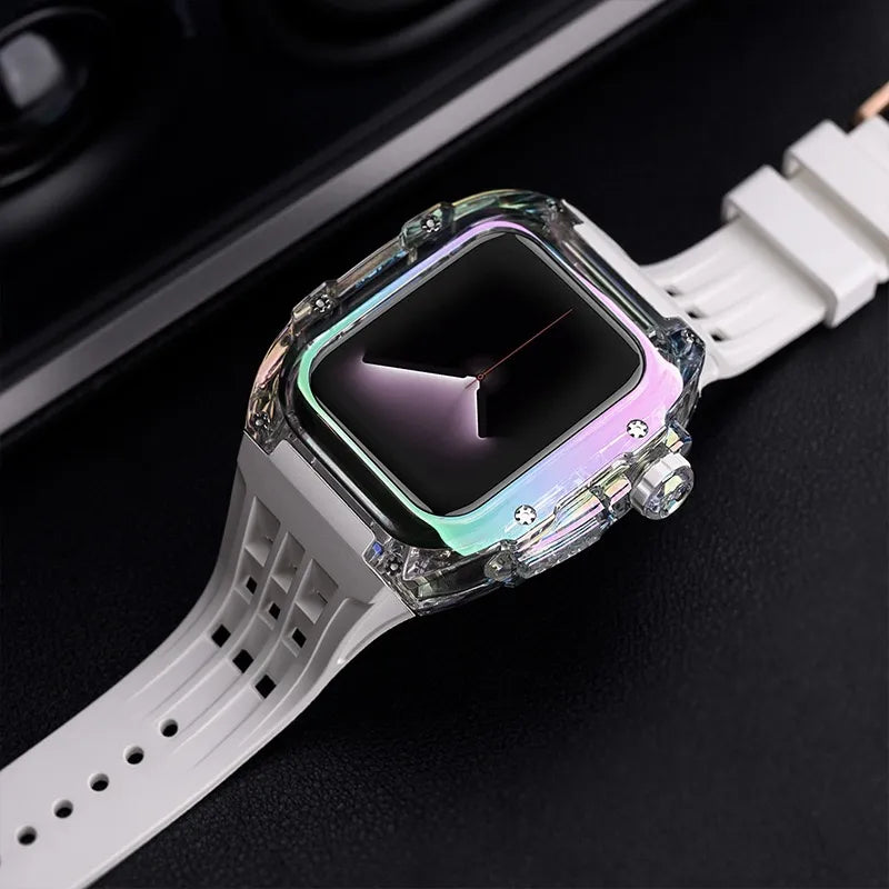 Kit Aquora bianco per Apple Watch con cassa trasparente iridescente e corona gioiello