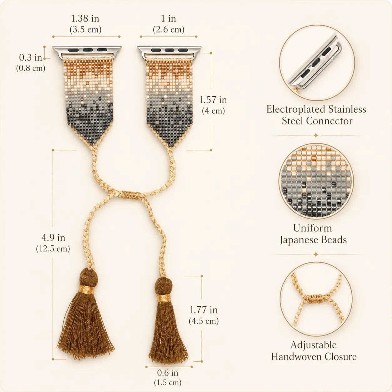 Wrist sizing and adjustable drawstring fit of the handwoven boho Apple Watch band