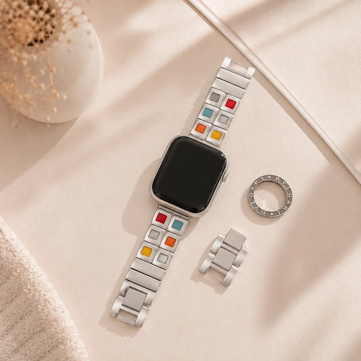 Cinturino Apple Watch bohémien con tavolozza creativa con dettagli quadrati colorati