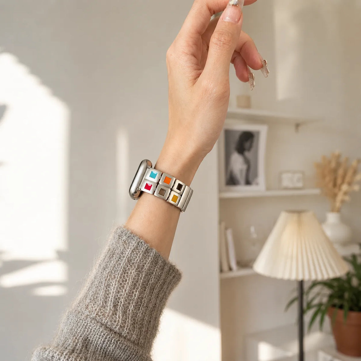 Vista completa del cinturino Apple Watch bohémien con tavolozza creativa