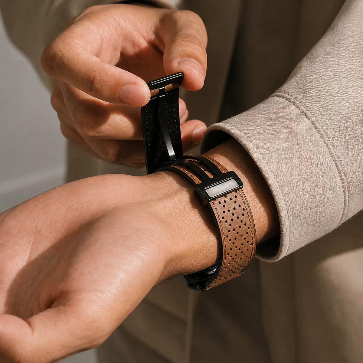 브라운 펀칭 가죽 Apple Watch 밴드의 폴딩 마그네틱 클래스프