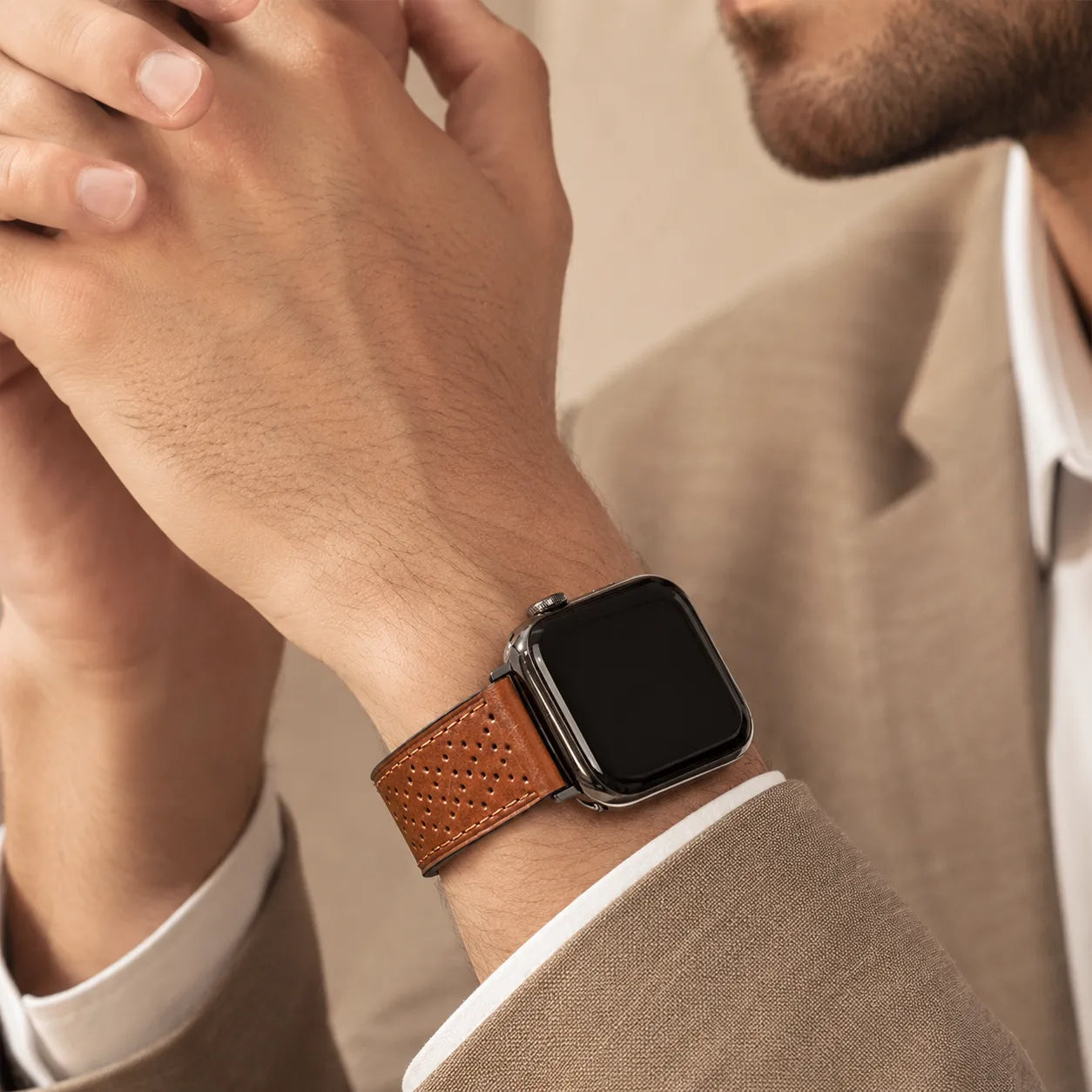 Breathable Leather Magnetic Apple Watch Band brown outfit