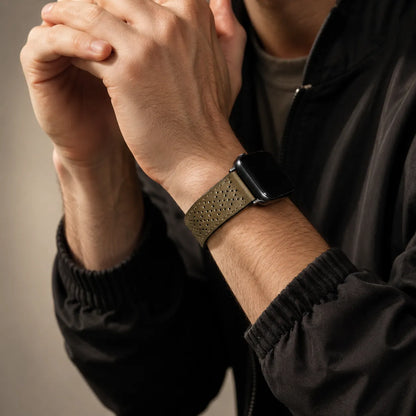 Breathable Leather Magnetic Apple Watch Band tan outfit