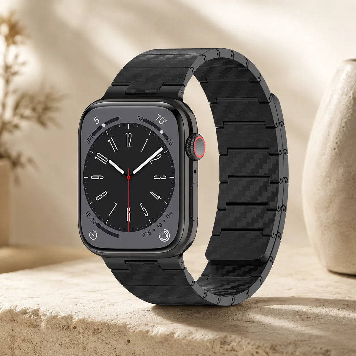 Black magnetic carbon fiber Apple Watch band showing its link-style shape