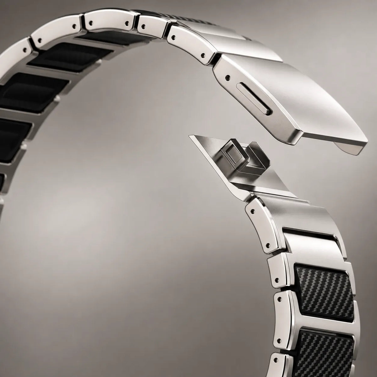 Magnetic clasp and brushed titanium finish on a carbon fiber Apple Watch band