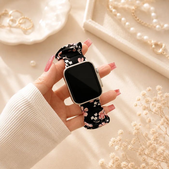 Bracelet chouchou Apple Watch noir fleuri Prune nocturne