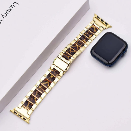 Colorful Resin Apple Watch Band - Gold with Leopard Print Accents