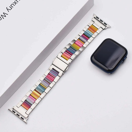 Colorful Resin Apple Watch Band - Silver with Rainbow Accents