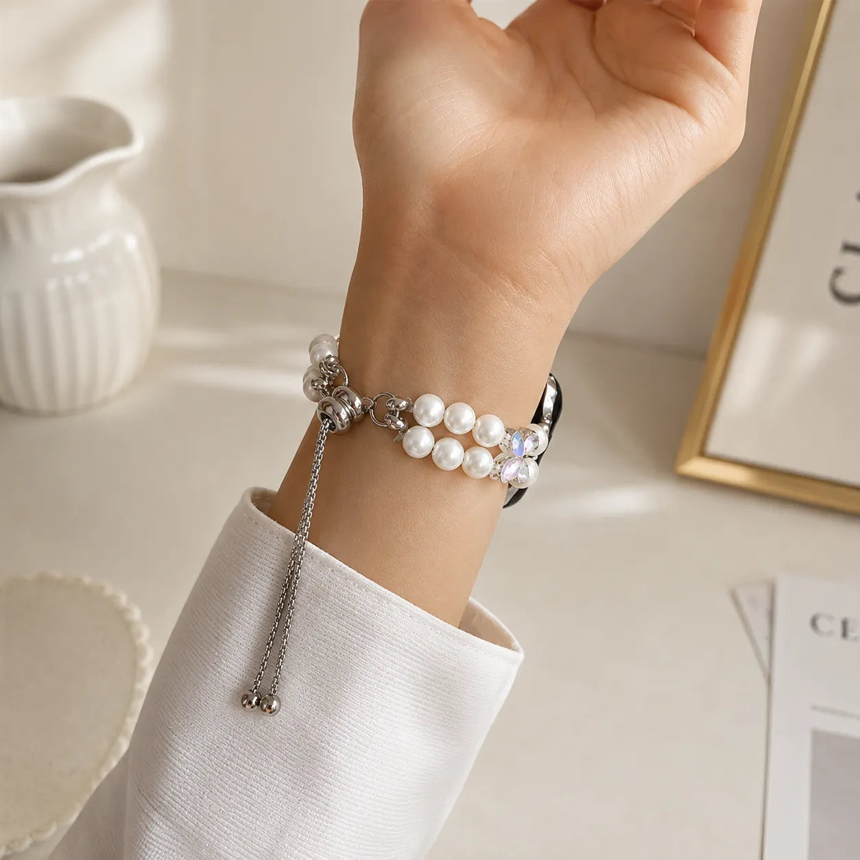 Elegant Beaded Apple Watch Band with Flower Accents back