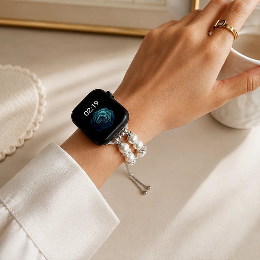 Elegant Beaded Apple Watch Band with Flower Accents detail