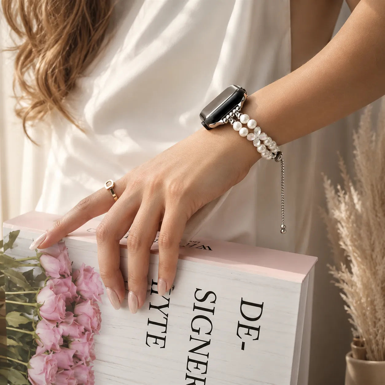 Elegant Beaded Apple Watch Band with Flower Accents preview