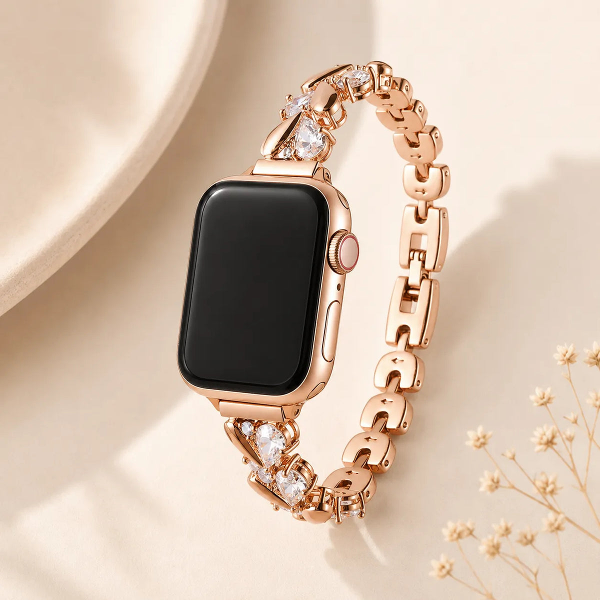 Roségoldfarbenes Strass-Kettenarmband für die Apple Watch mit polierten geformten Gliedern