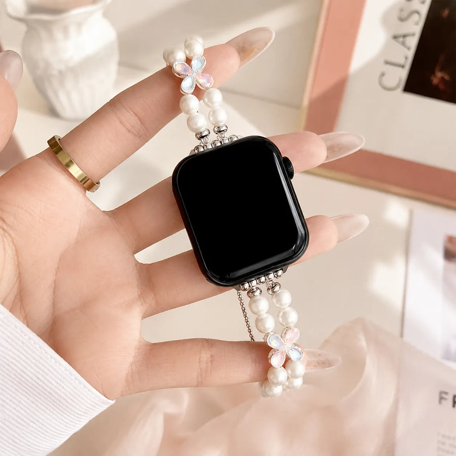 Four-leaf Clover beaded Apple Watch band with iridescent floral accents