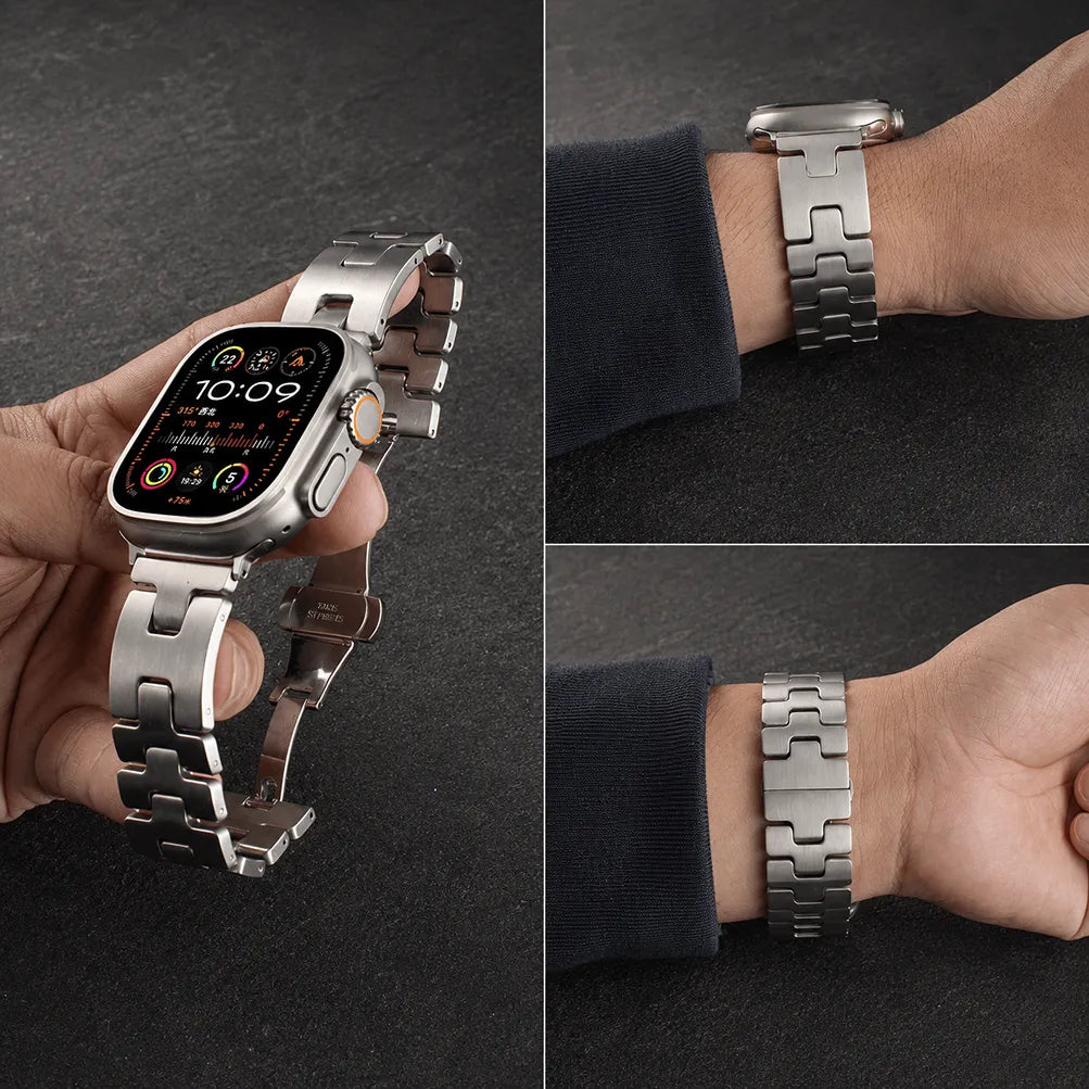 Viste frontale, posteriore e con chiusura aperta del cinturino argentato a H per Apple Watch