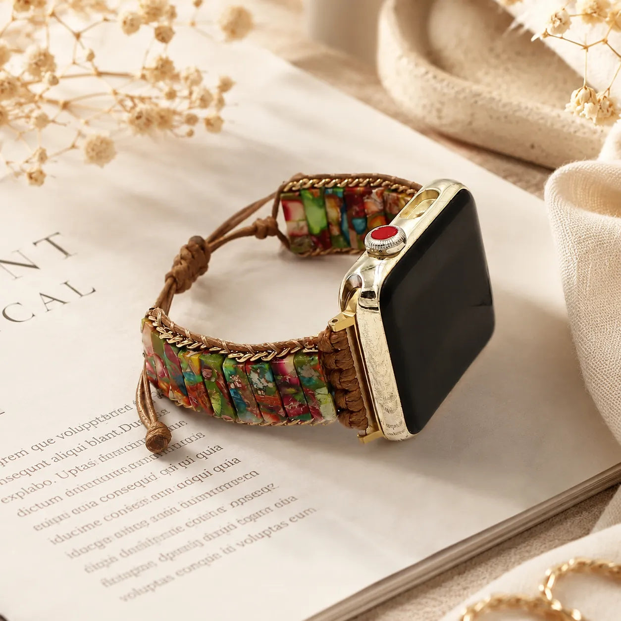 Handmade Beaded Bracelet for Apple Watch brown detail