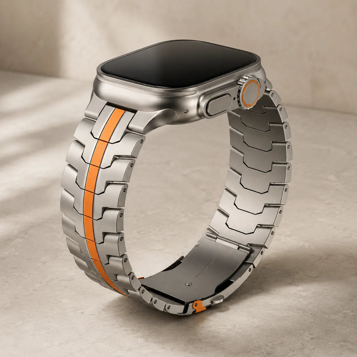 Orange stripe and angular links on an Iron Man inspired Apple Watch steel band