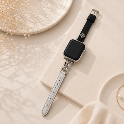Leather Apple Watch Band with Chain Detail black and silver