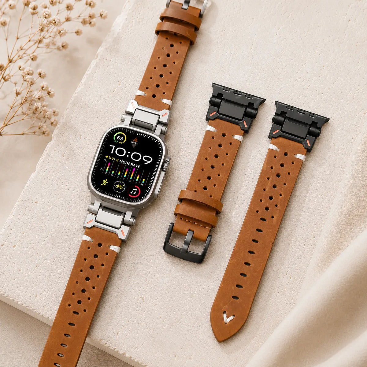 ブラウン、ブラック、バーガンディのカラーコンビネーションがある通気性レザーApple Watch Ultraバンド