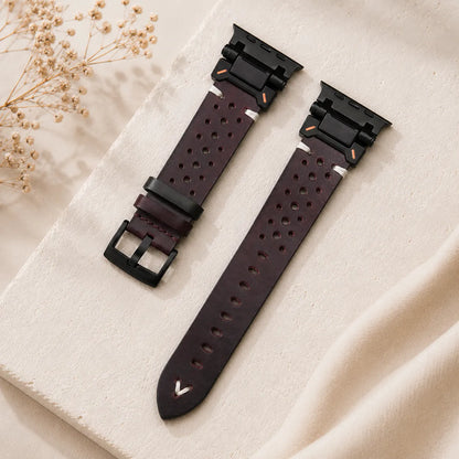 Leather Apple Watch Ultra Band - Mech Style & Breathable Design black & burgundy