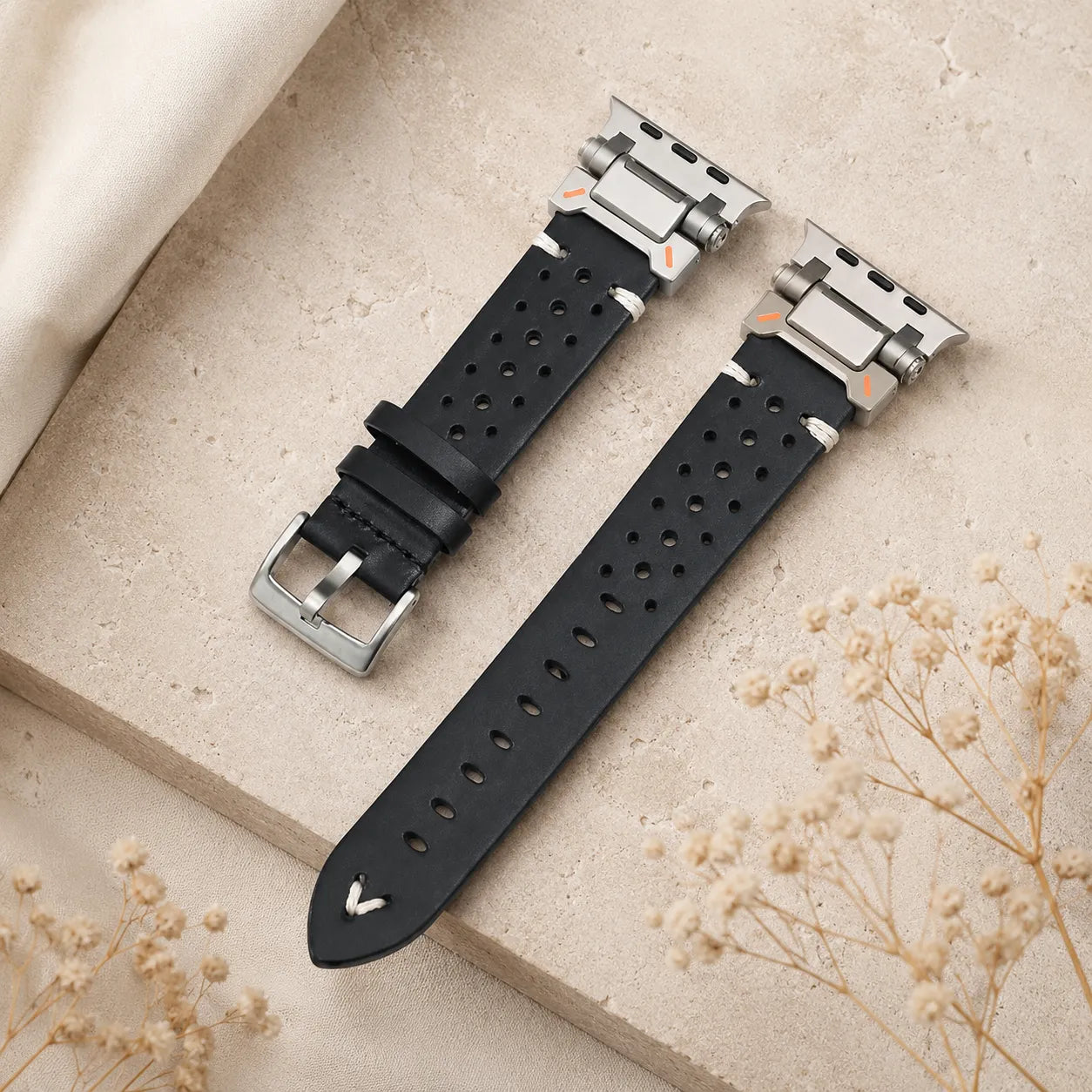 Leather Apple Watch Ultra Band - Mech Style & Breathable Design silver & black