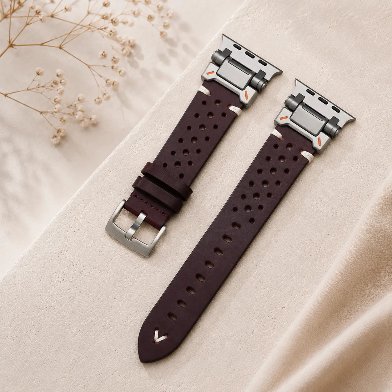 Leather Apple Watch Ultra Band - Mech Style & Breathable Design silver & burgundy