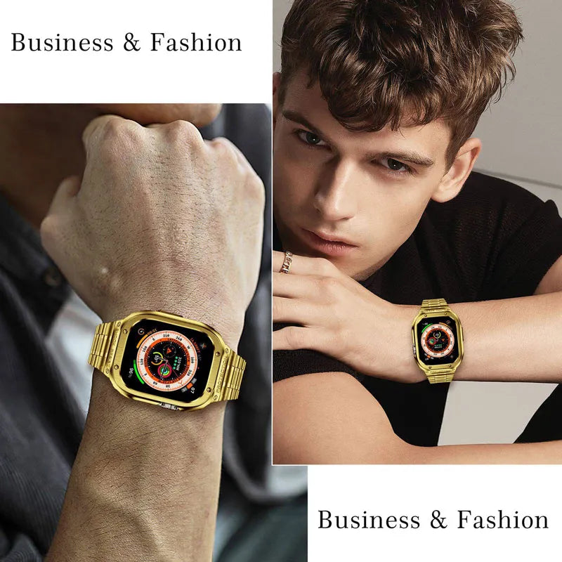 Bracelet Apple Watch de luxe doré avec boîtier métallique sculpté assorti