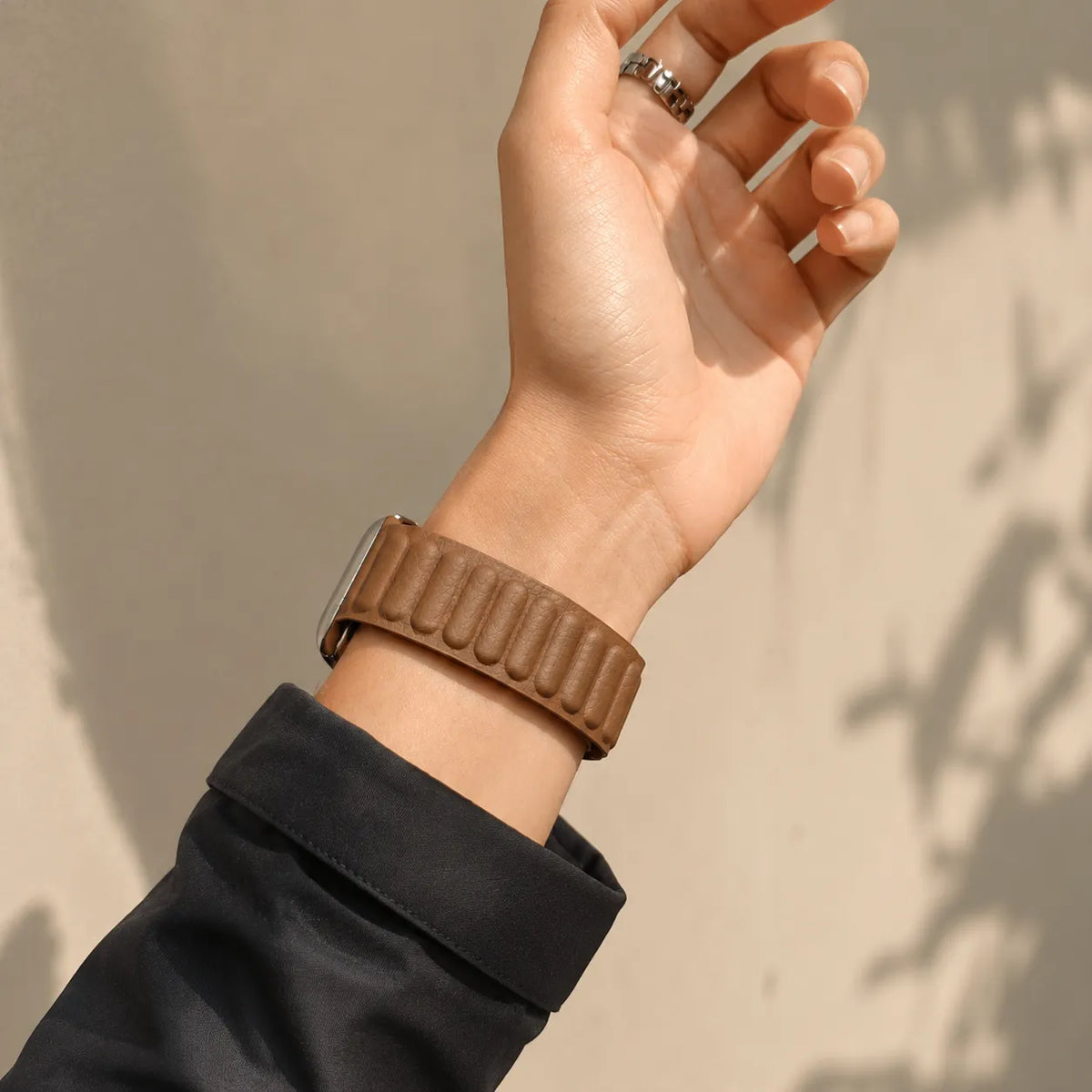 Inside view of the segmented magnetic leather Apple Watch band