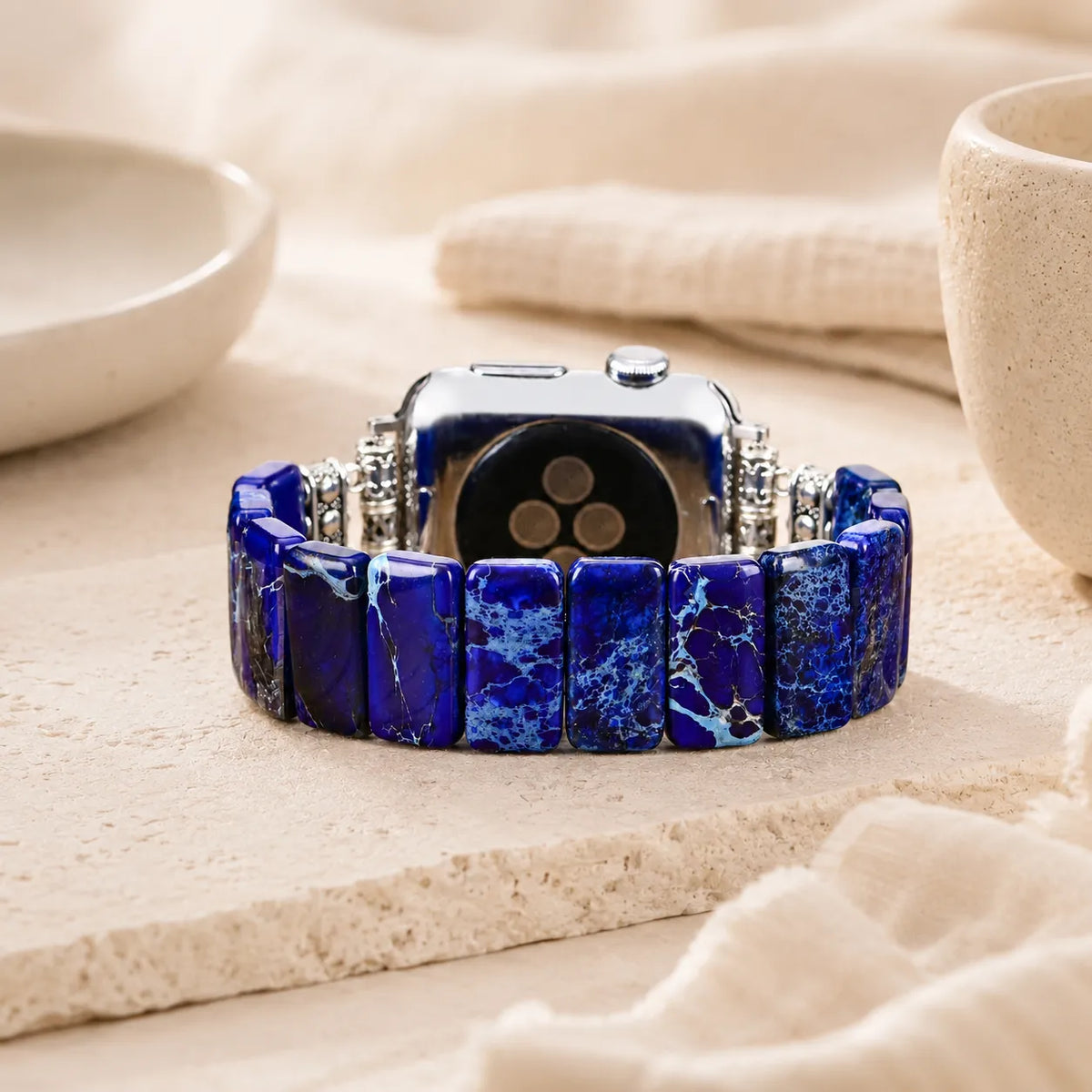 Blue natural gemstone Apple Watch band showing individual color and veining