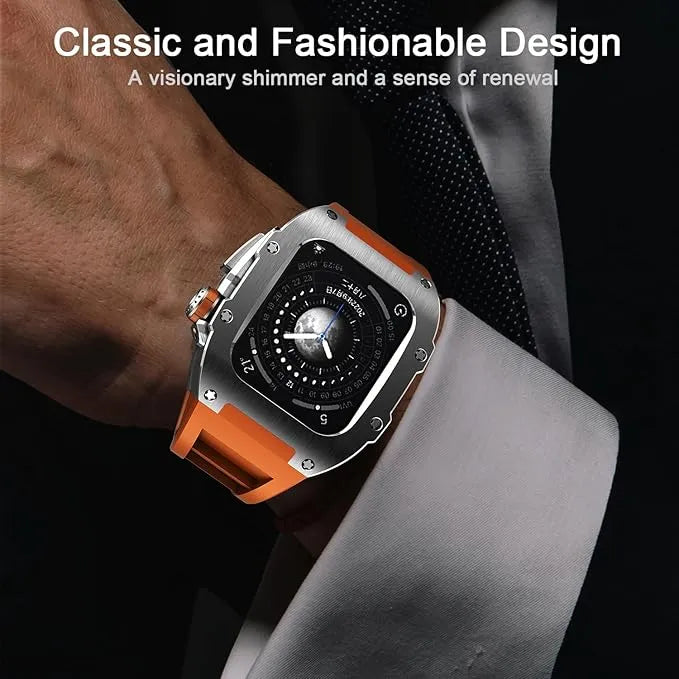 Kit OrionI Classic orange pour Apple Watch porté avec une tenue habillée