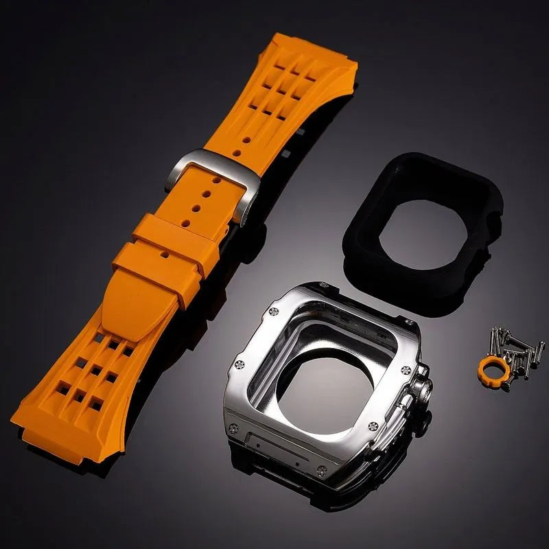 Kit de modification OrionI Classic orange pour Apple Watch avec cadre argenté sculpté