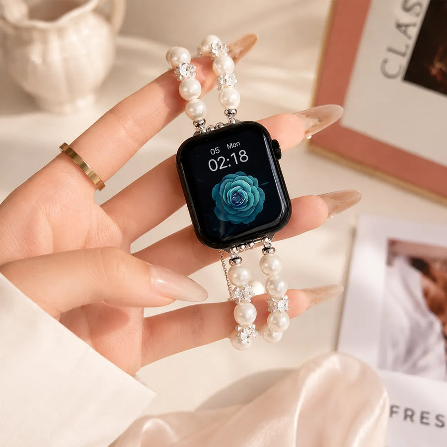 Pearl Blossom beaded Apple Watch band with clear crystal flower details