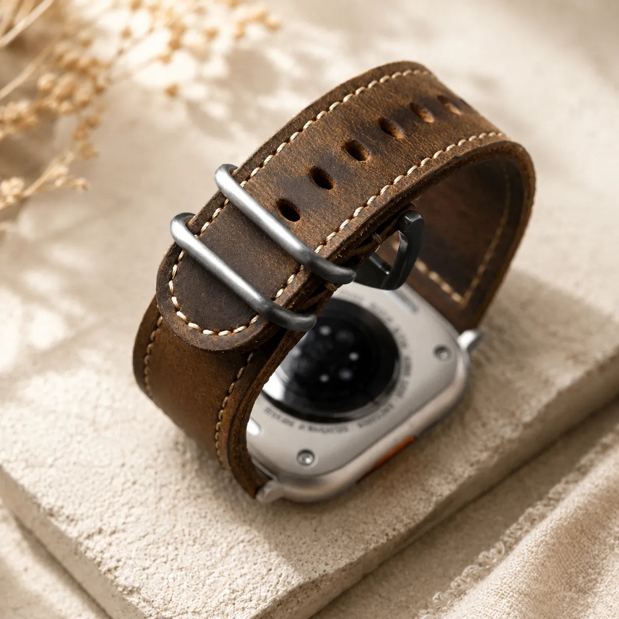 Premium Men’s Leather Apple Watch Band silver back
