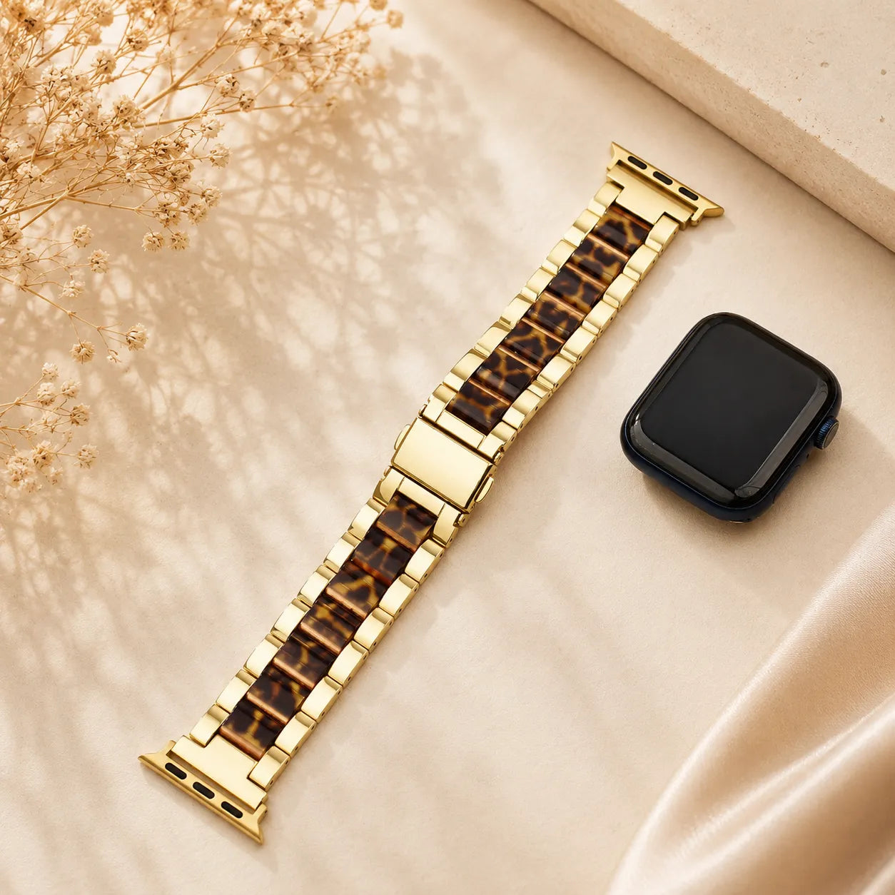 Resin & Metal Apple Watch Band gold with leopard