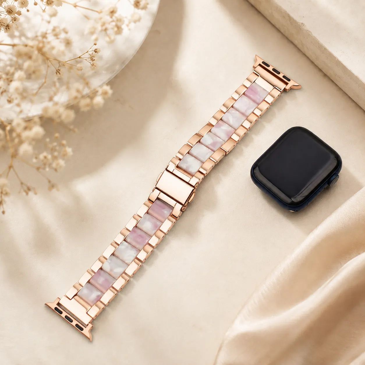 Resin & Metal Apple Watch Band rose gold with pink floral