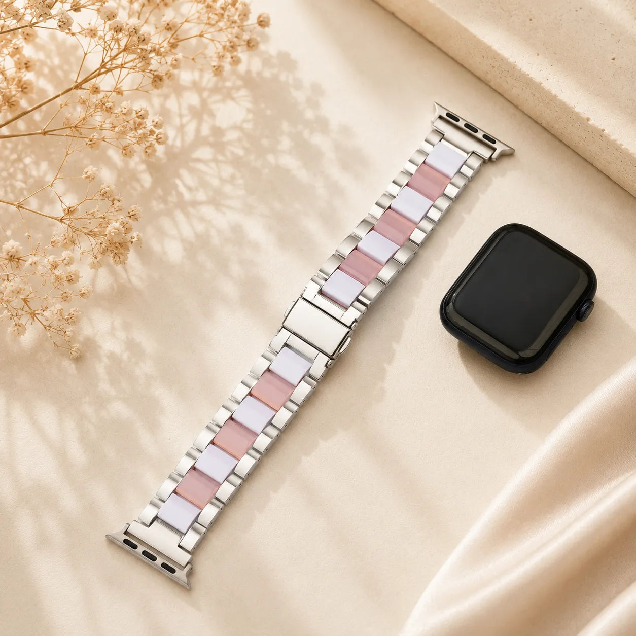 Resin & Metal Apple Watch Band silver with pink and white