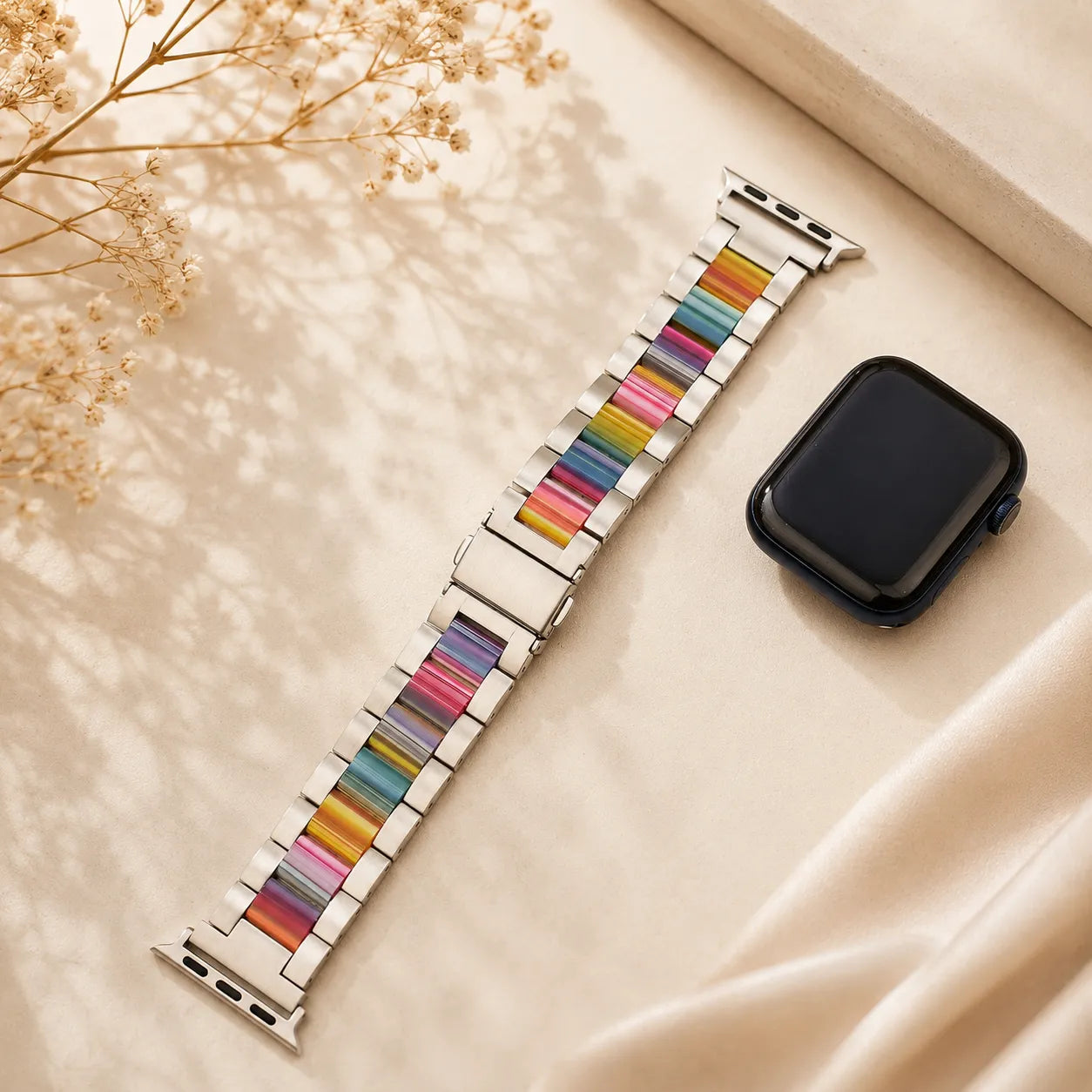 Resin & Metal Apple Watch Band silver with rainbow