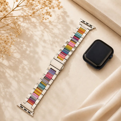 Resin & Metal Apple Watch Band silver with rainbow