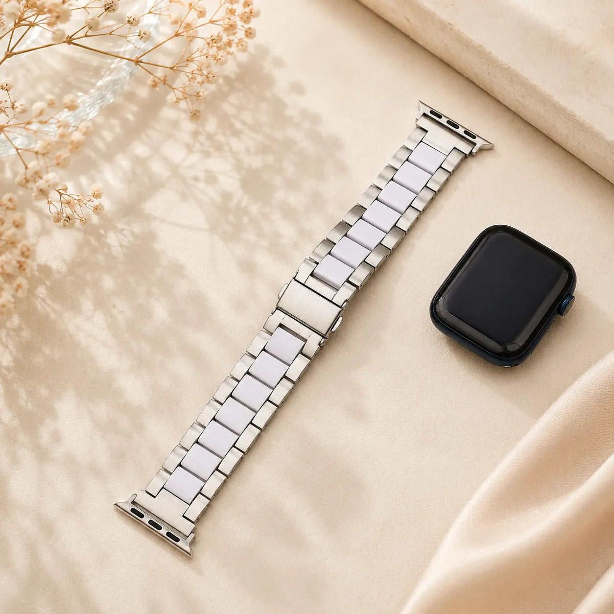 Resin & Metal Apple Watch Band silver with white