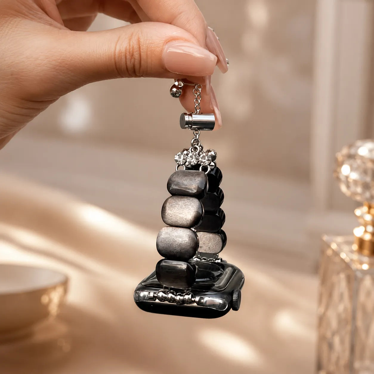 Silver Obsidian Apple Watch Bracelet show