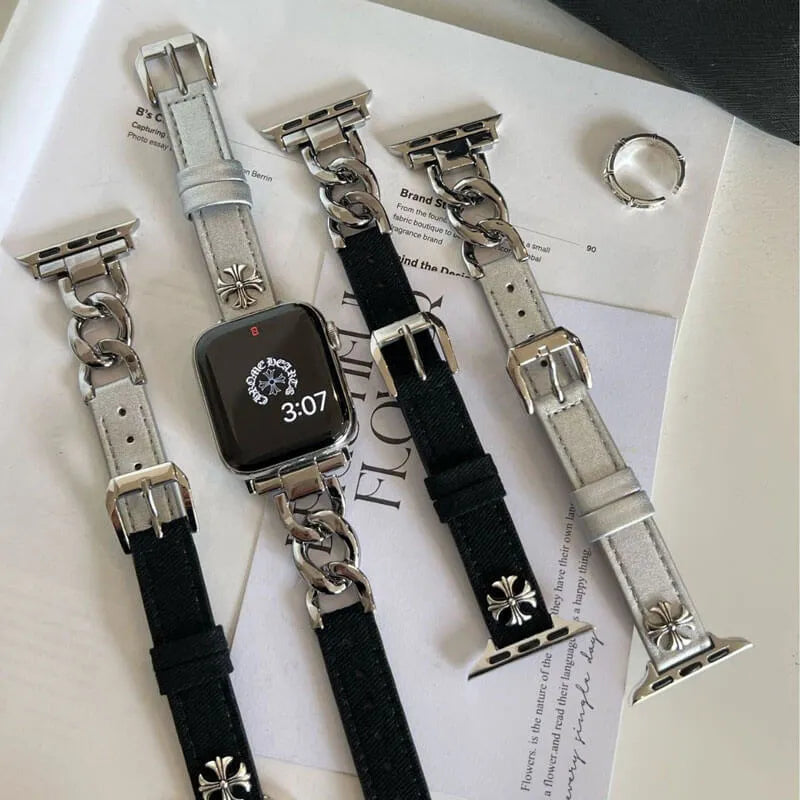 Stylish Silver Leather Apple Watch Band all