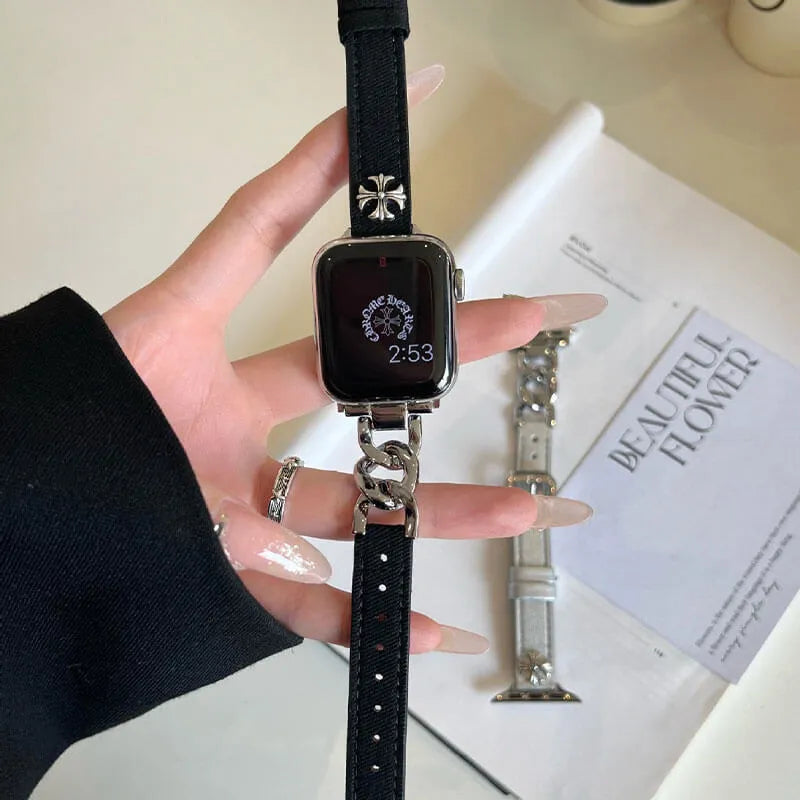 Stylish Silver Leather Apple Watch Band lack