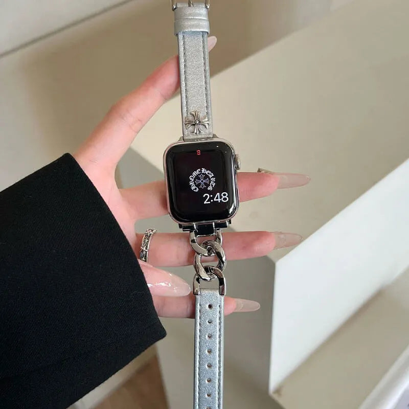 Stylish Silver Leather Apple Watch Band silver